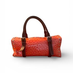 Claudia Firenze Italian Leather Ostrich Embossed Studded Barrel Satchel – Coral